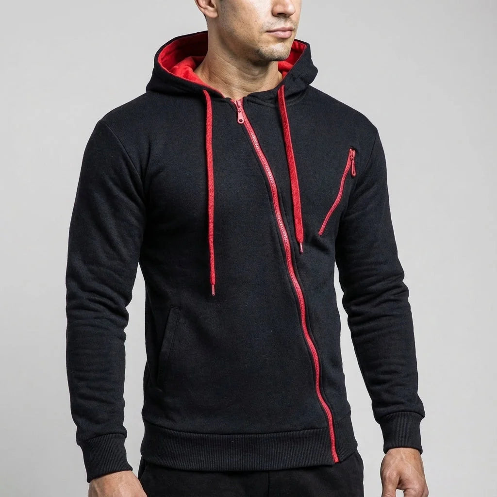 Men's Asymmetric Zip Training Jacket with Hooded Design 0