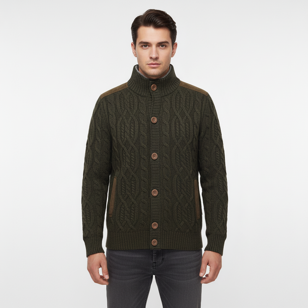 Men's Cable Knit Cardigan with Stand-Up Collar and Button Closure 4