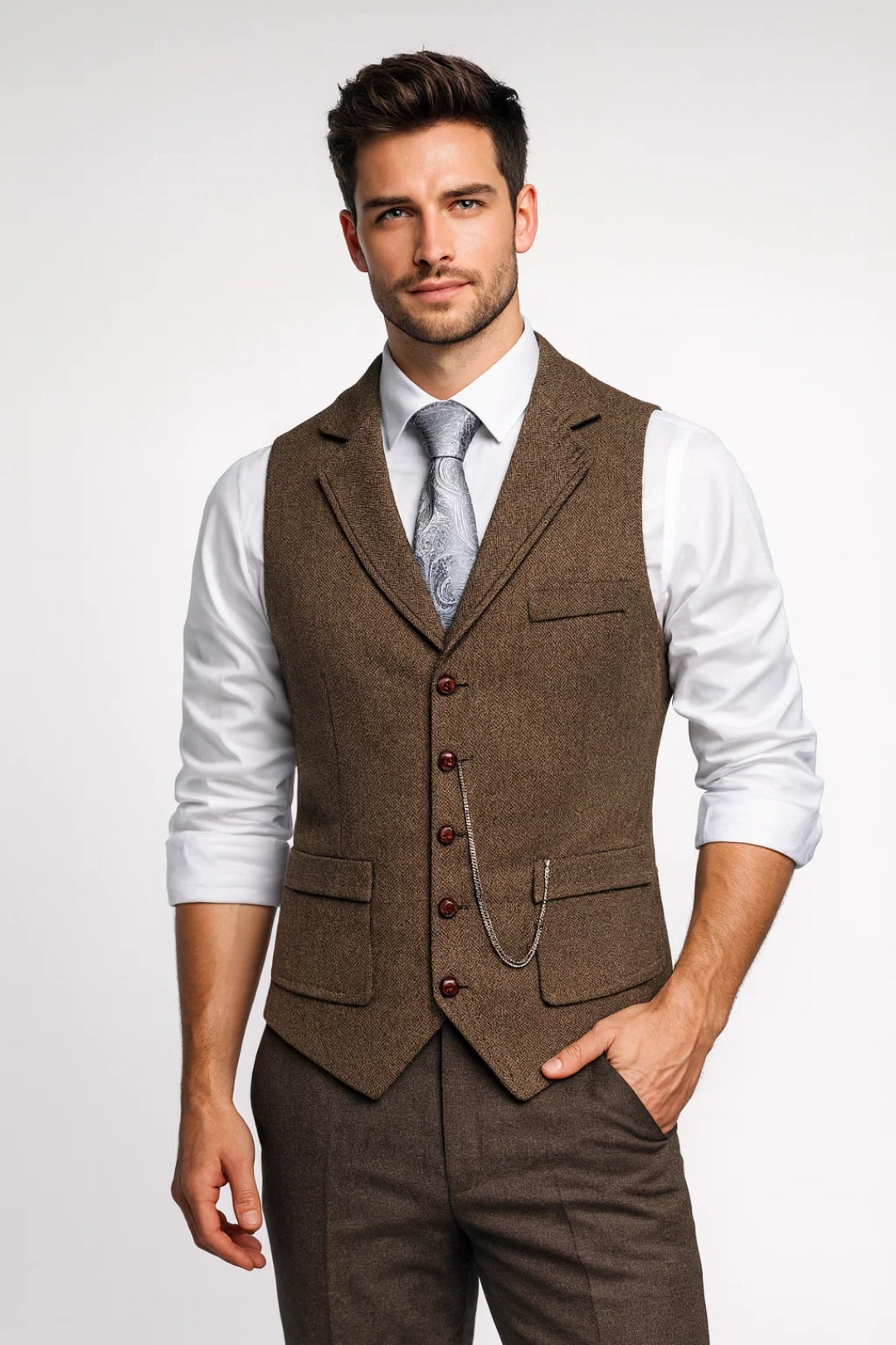 Men's Fitted Waistcoat with Lapel Collar and Chain Detail 0