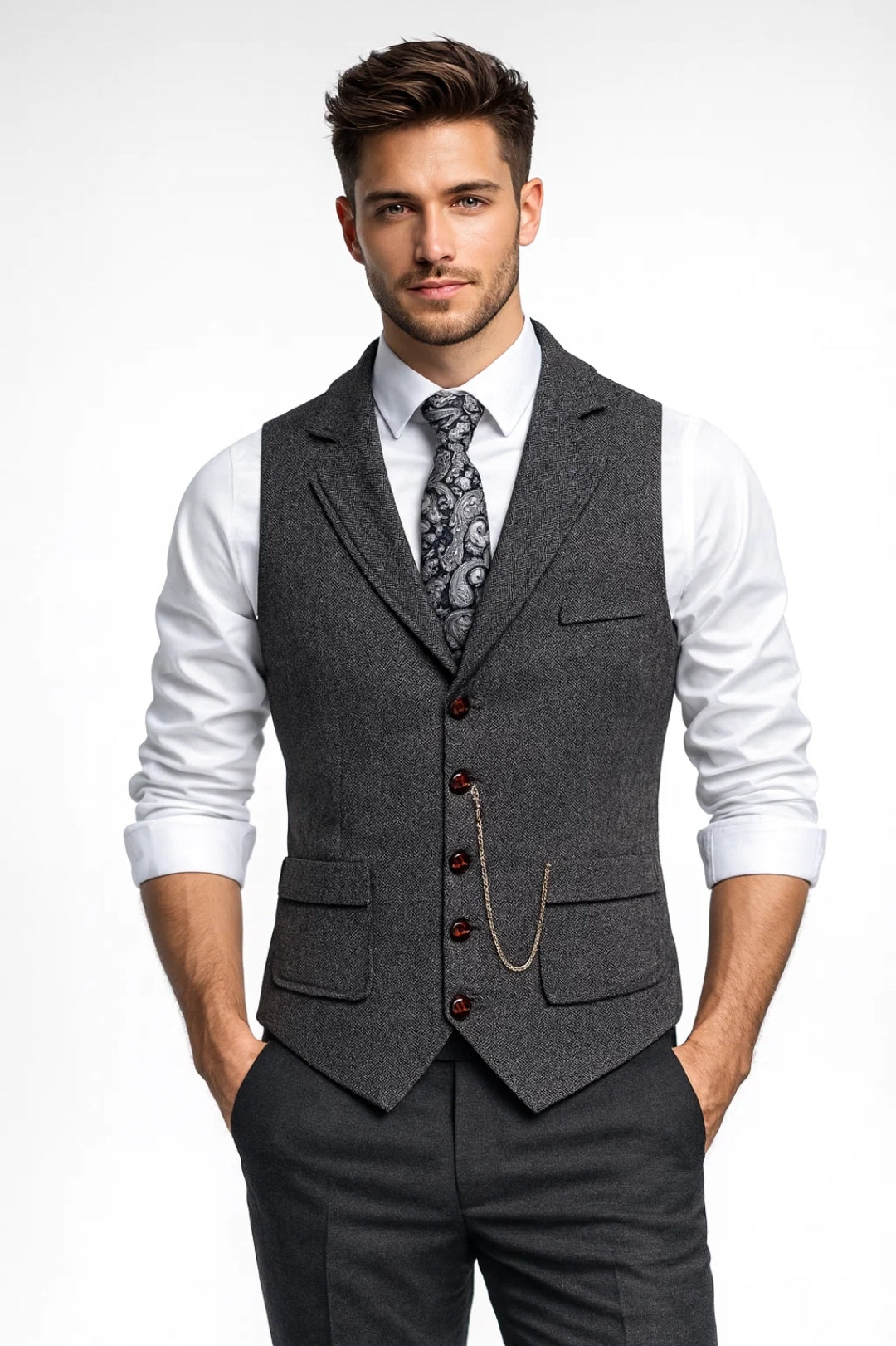 Men's Fitted Waistcoat with Lapel Collar and Chain Detail 2