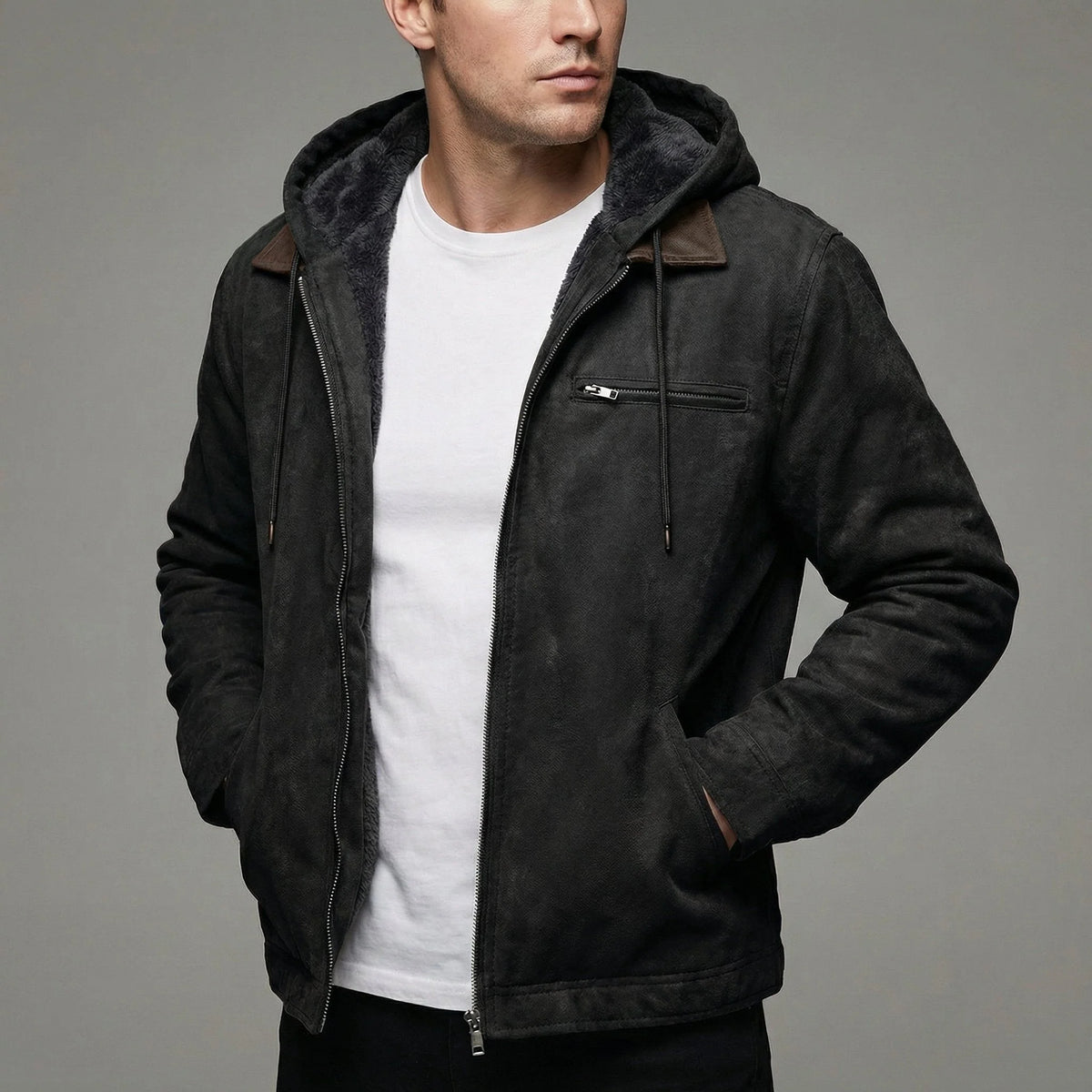 Men's Fleece-Lined Jacket | Hooded Zip-Up Suede-Effect Coat 1