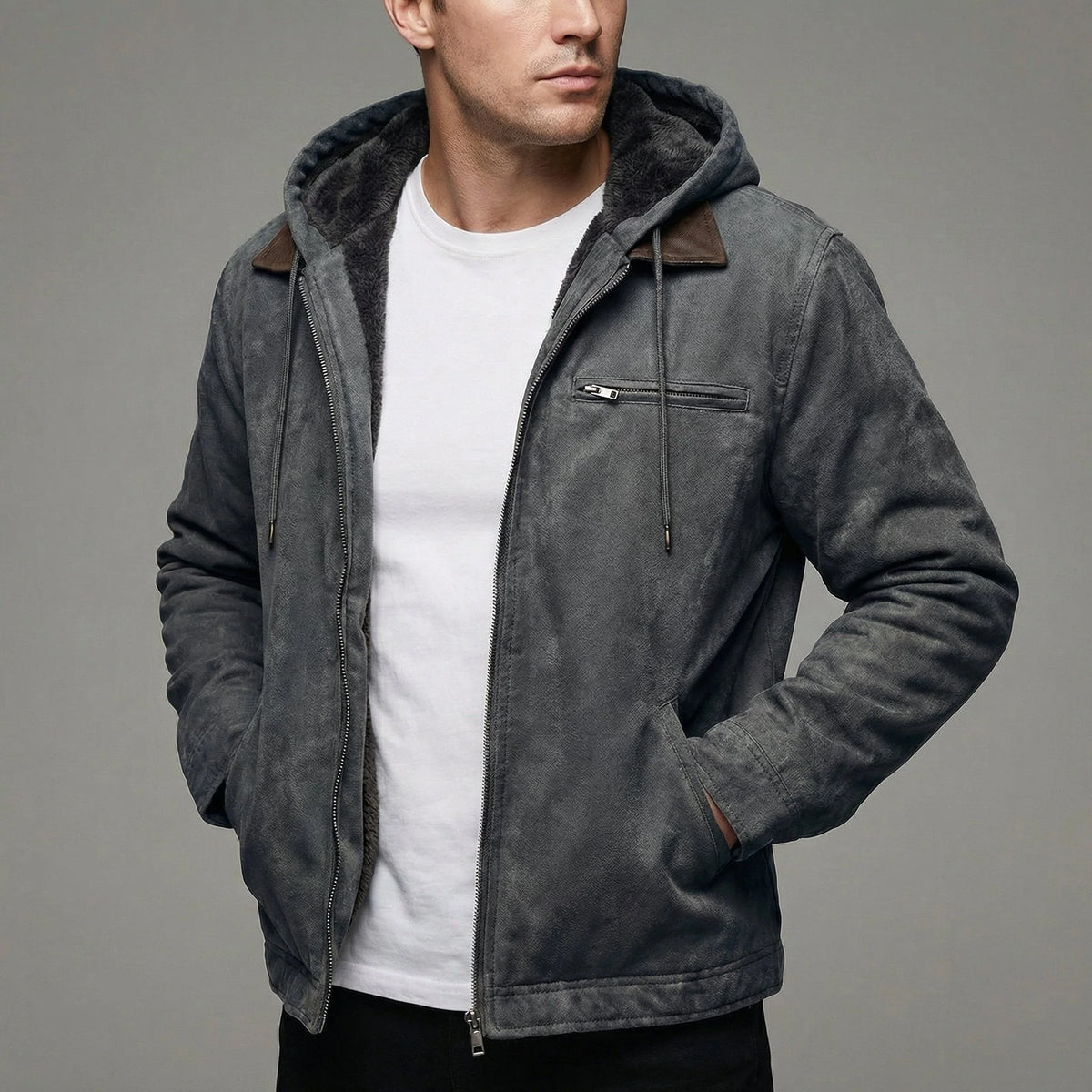 Men's Fleece-Lined Jacket | Hooded Zip-Up Suede-Effect Coat 2