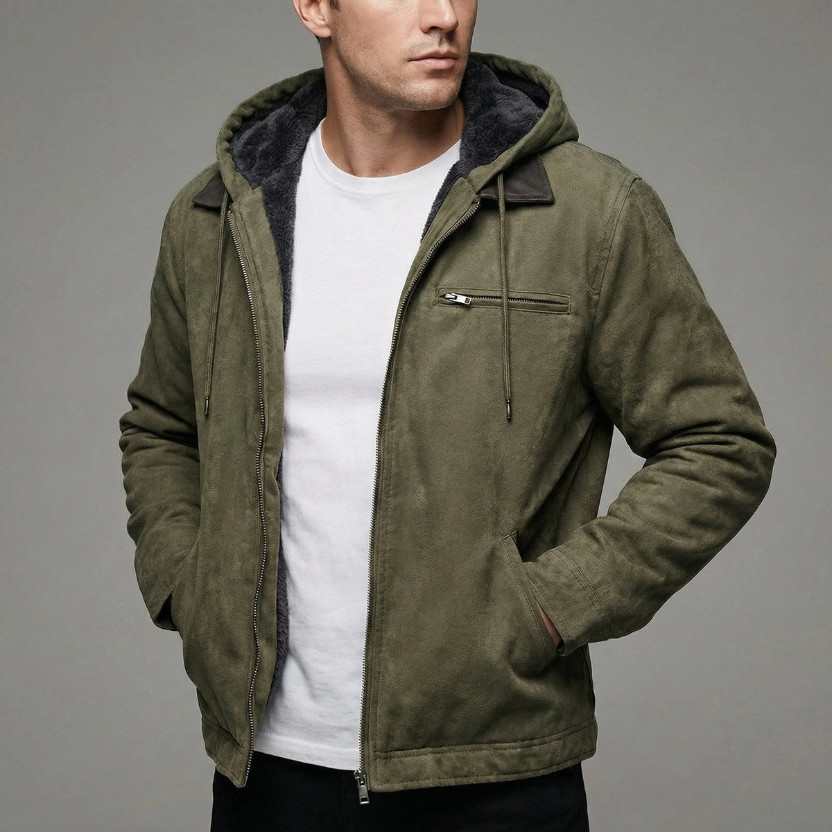 Men's Fleece-Lined Jacket | Hooded Zip-Up Suede-Effect Coat 3