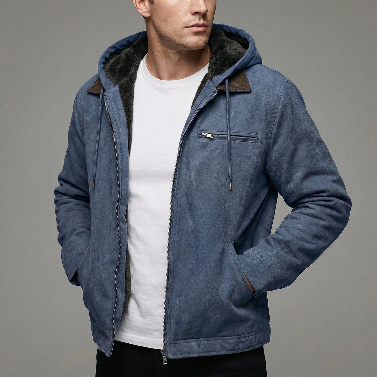 Men's Fleece-Lined Jacket | Hooded Zip-Up Suede-Effect Coat 5