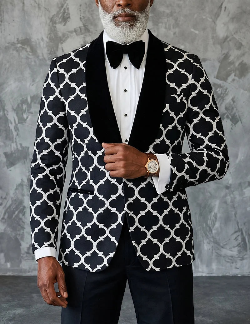 Men's Geometric Jacquard Blazer with Shawl Lapels Tailored Fit 0