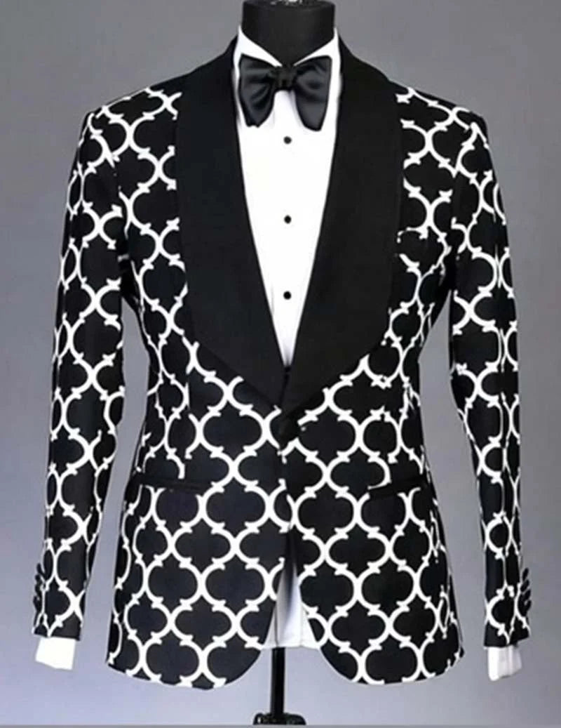 Men's Geometric Jacquard Blazer with Shawl Lapels Tailored Fit 1