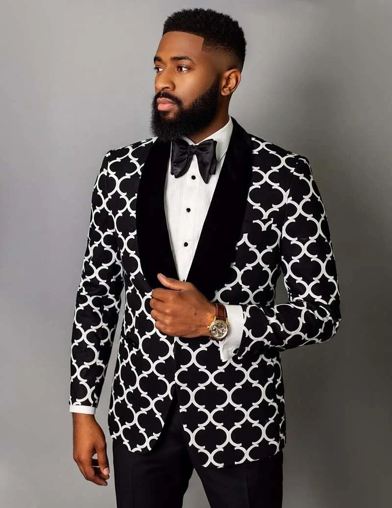 Men's Geometric Jacquard Blazer with Shawl Lapels Tailored Fit 3