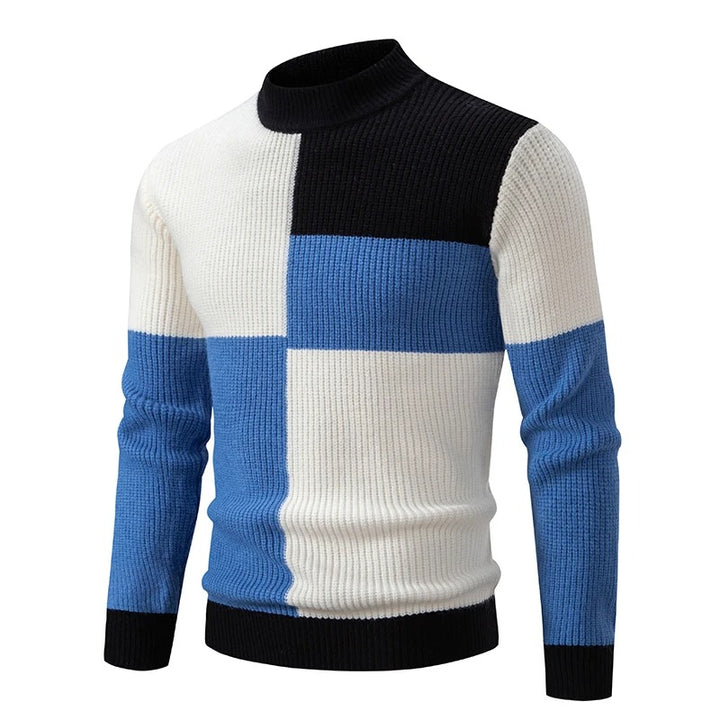 Men's Knitted Sweater with Geometric Color Block and High Neck 14
