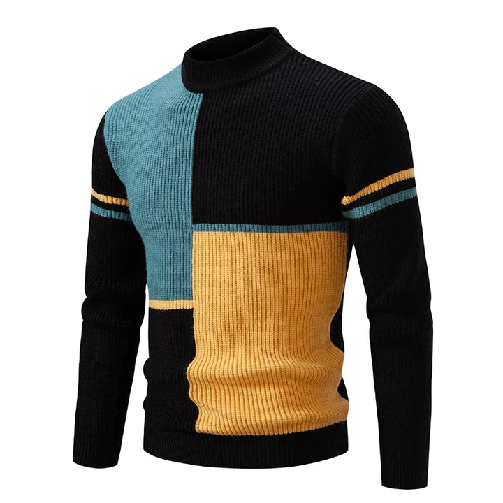 Men's Knitted Sweater with Geometric Color Block and High Neck 3