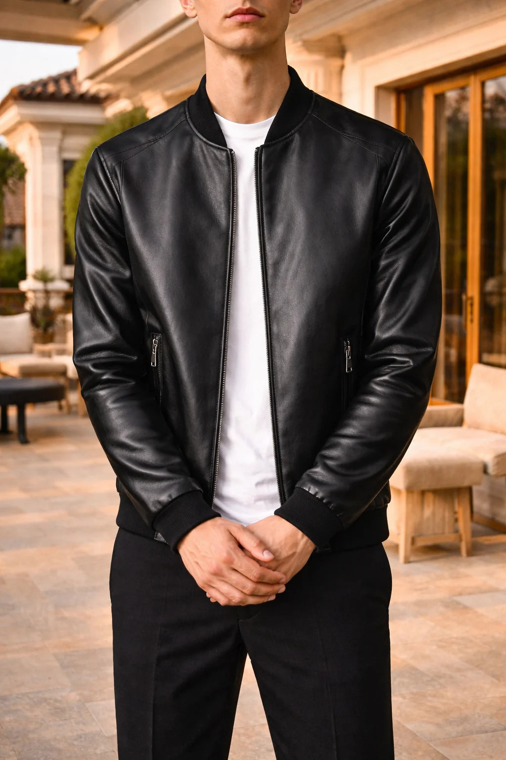 Men's Leather Bomber Jacket | Ribbed Trim Zip Front Coat 2