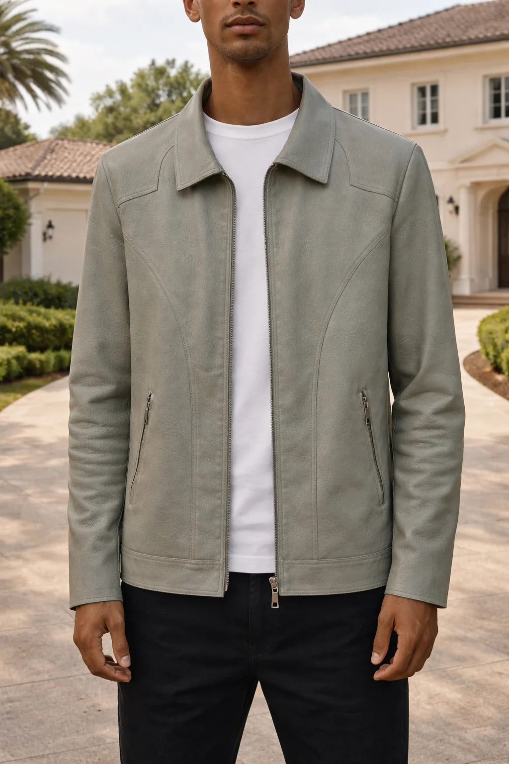 Men's Leather Jacket | Classic Collar Zip Front Outerwear 0