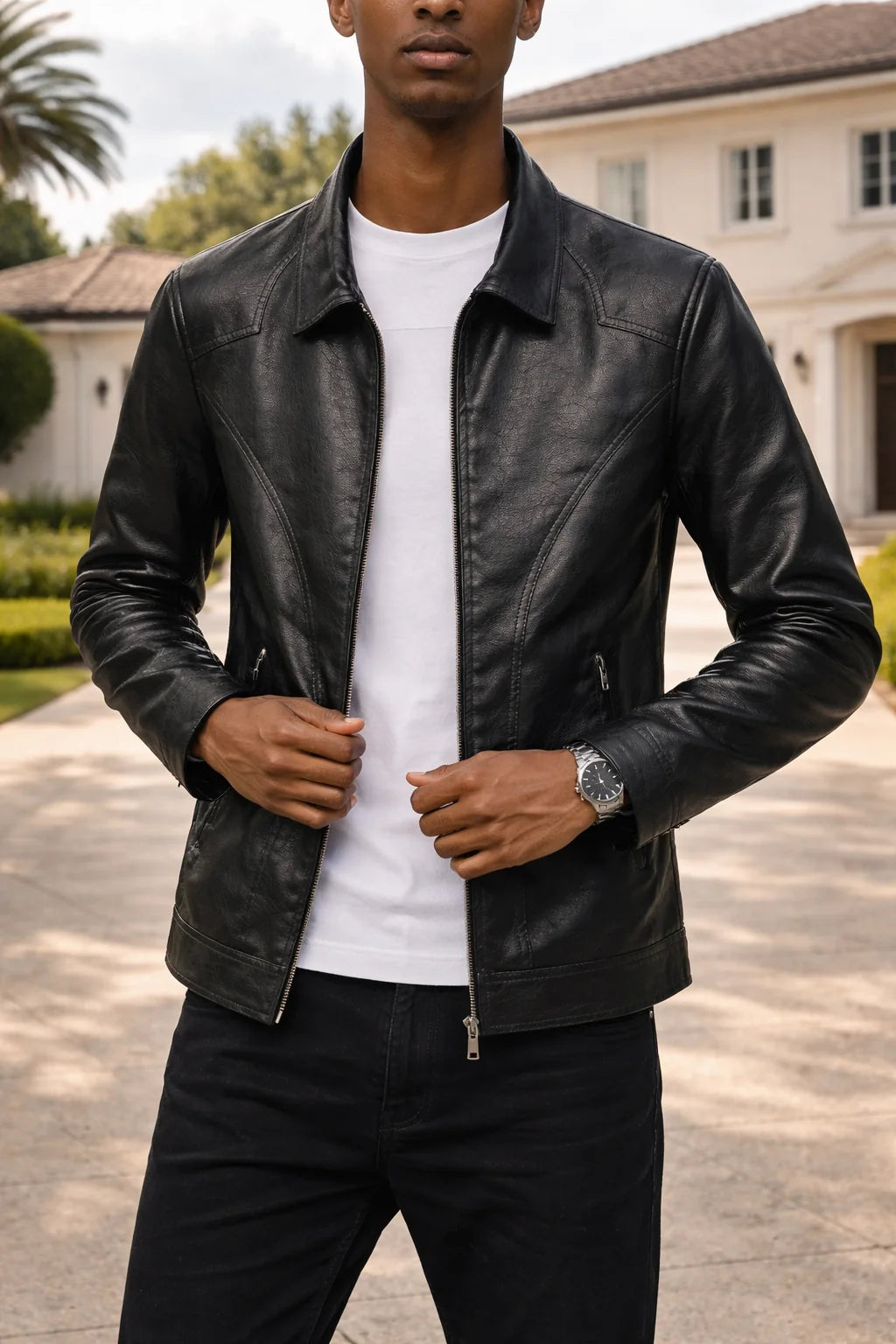 Men's Leather Jacket | Classic Collar Zip Front Outerwear 1