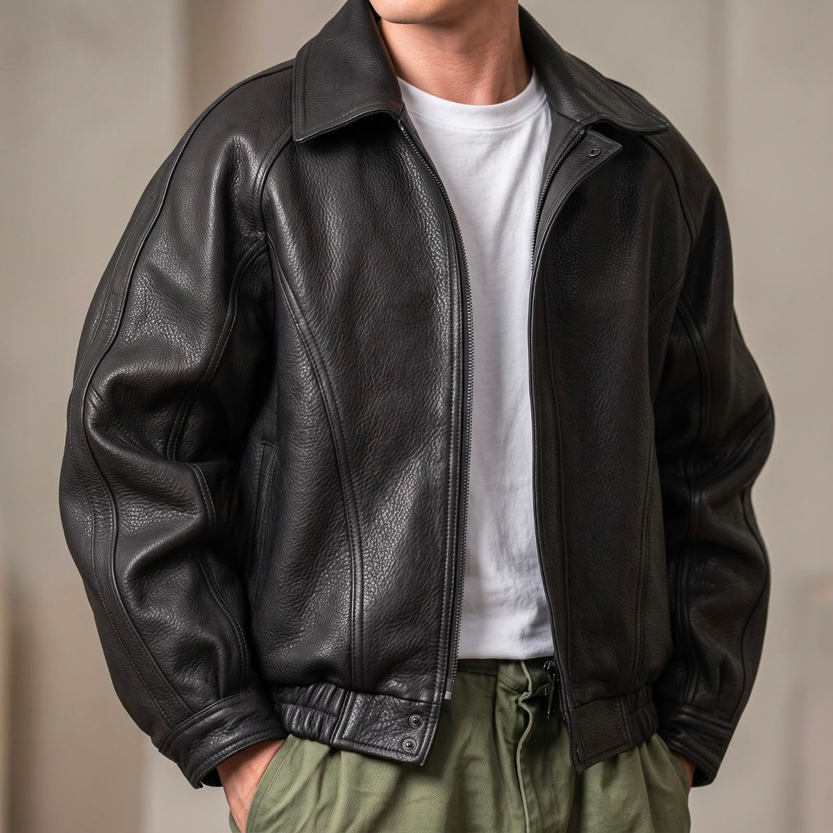 Men's Leather Zip Jacket | Structured Collar Lightweight Layer 0