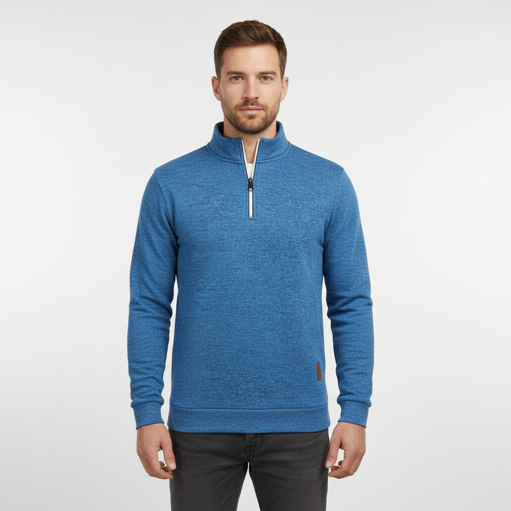 Men's Mixed Knit Sweater with Quarter Zip and Funnel Neck 1