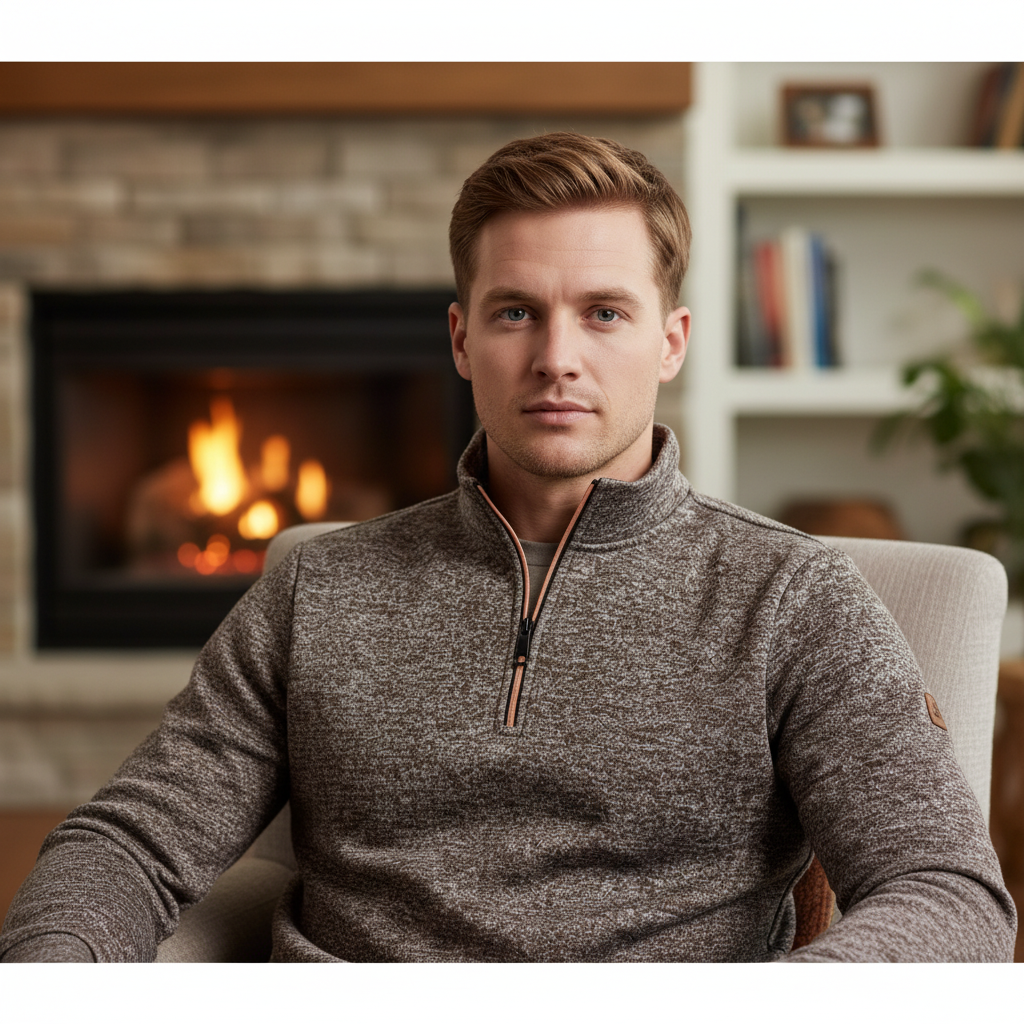 Men's Mixed Knit Sweater with Quarter Zip and Funnel Neck 8