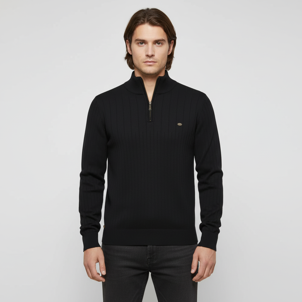 Men's Rib Knit Sweater with Quarter Zip and Stand-Up Collar 3