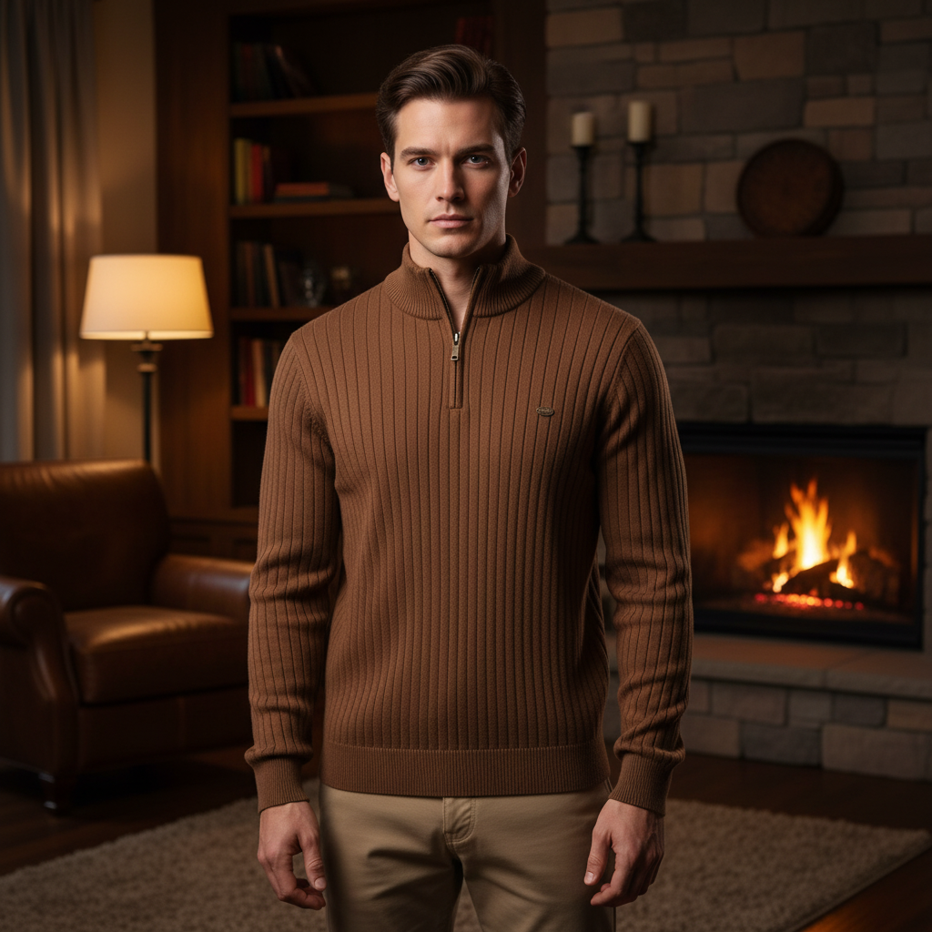 Men's Rib Knit Sweater with Quarter Zip and Stand-Up Collar 5