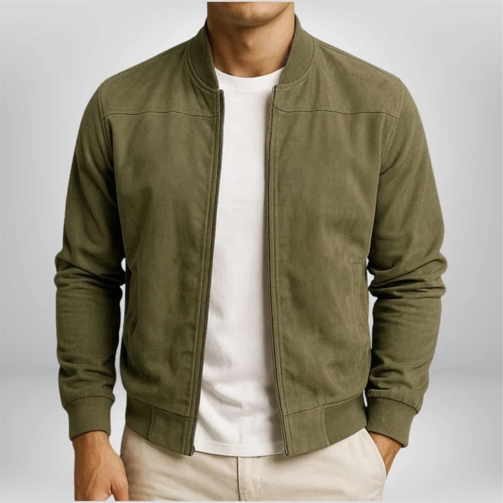 Men's Slim-Fit Suede Leather Bomber Jacket with Zip Front 1