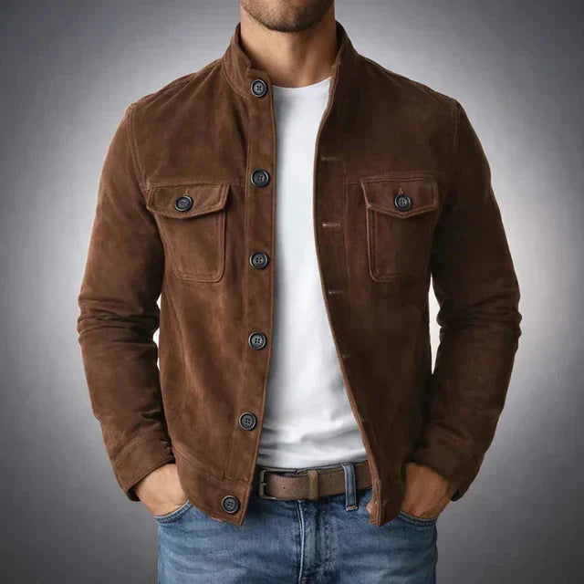 Men's Stand Collar Jacket | Structured Button-Front Layer 2