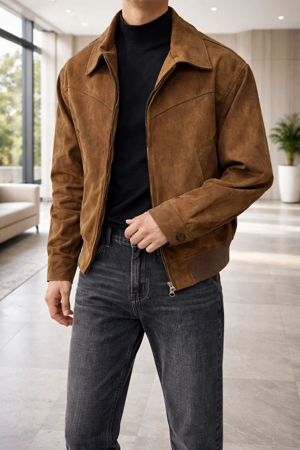 Men's Suede Leather Jacket | Zip Front Casual Outerwear 0