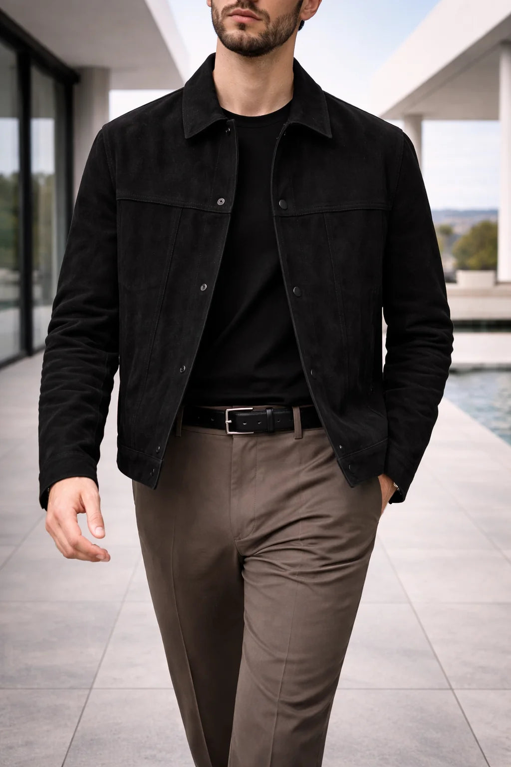 Men's Suede Trucker Jacket | Button Front Casual Outerwear 1