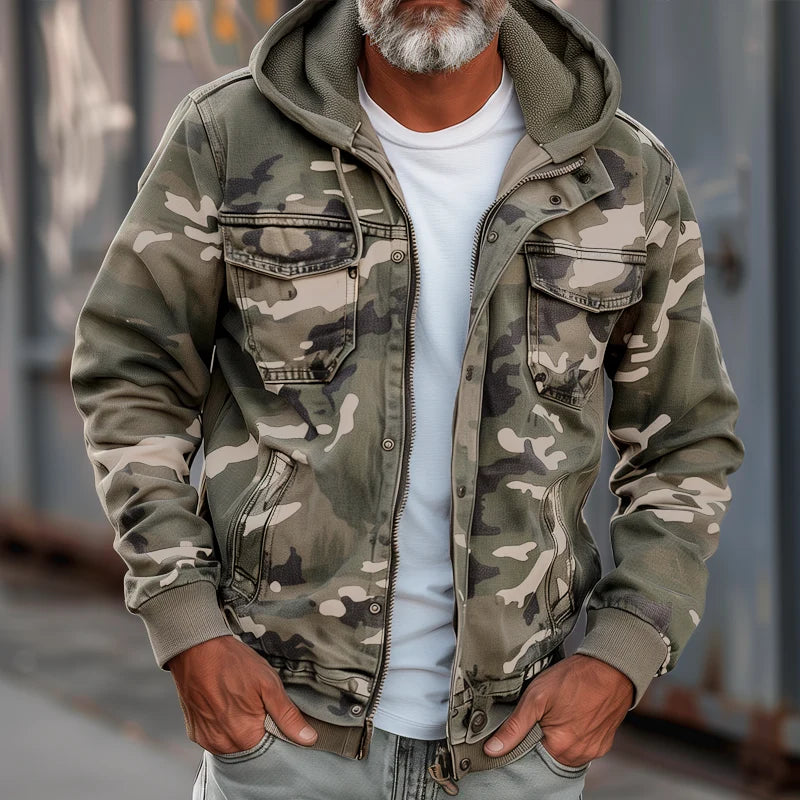 Men's Weather-Resistant Cargo Jacket with Hooded Utility Design 1