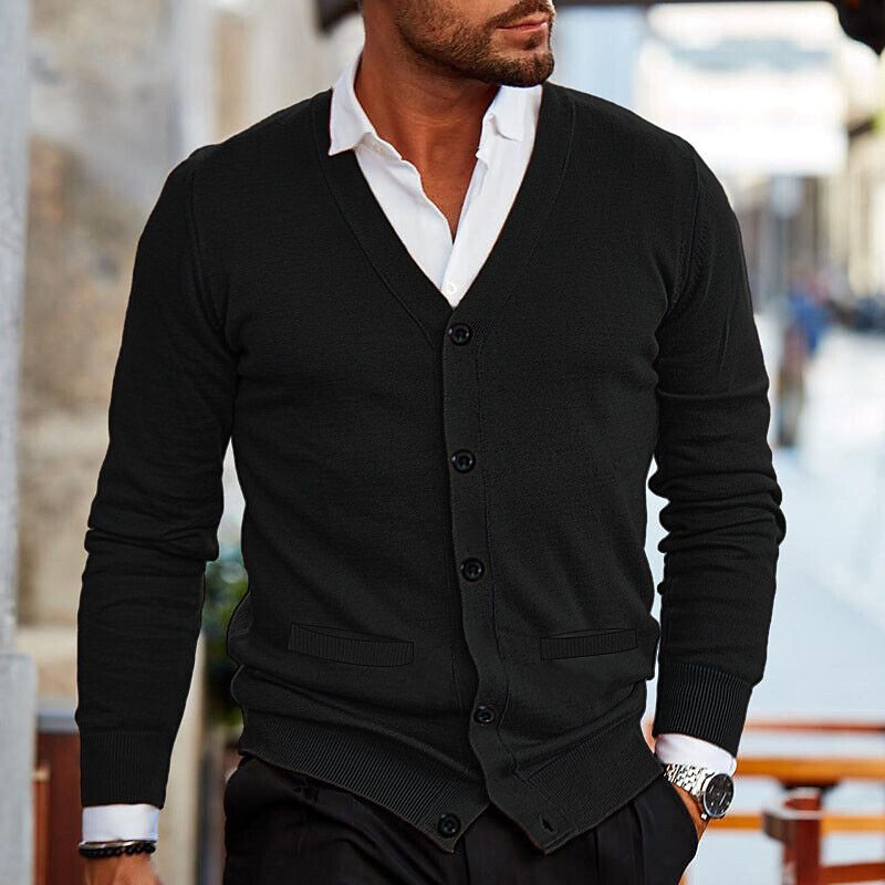 Men's Black Cardigan | Soft Knit V-Neck Button-Up Sweater 4