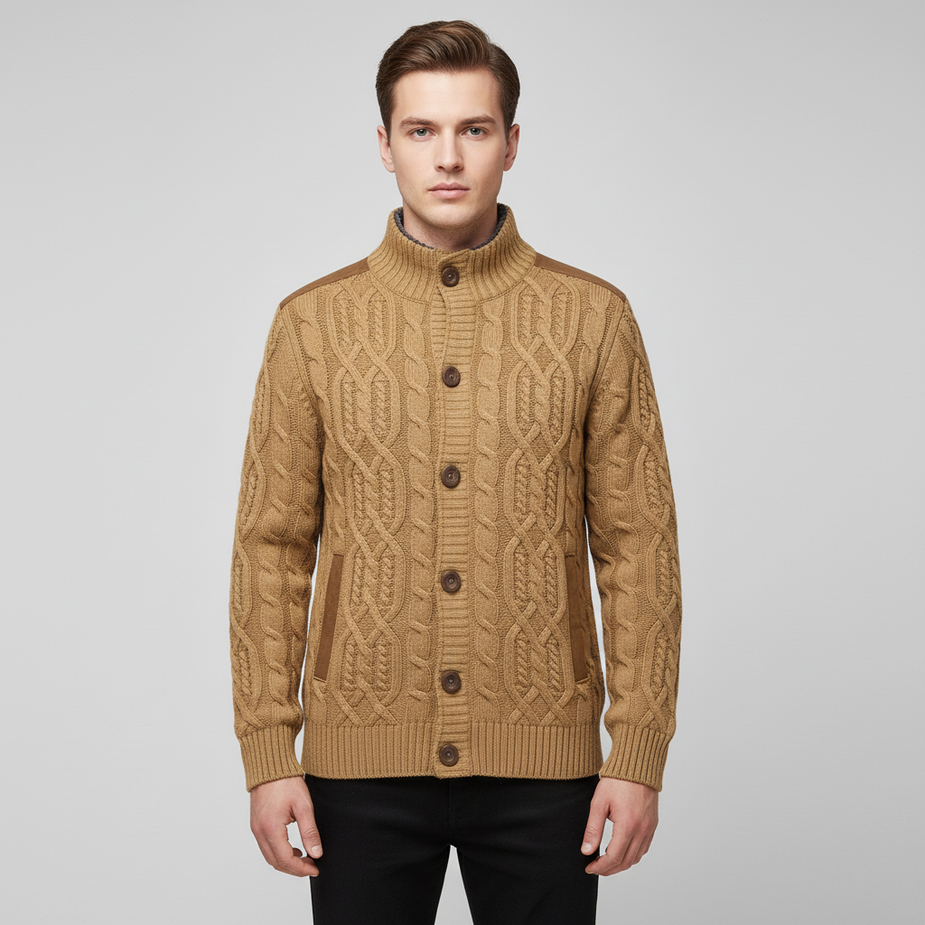 Men's Cable Knit Cardigan with Stand-Up Collar and Button Closure 0