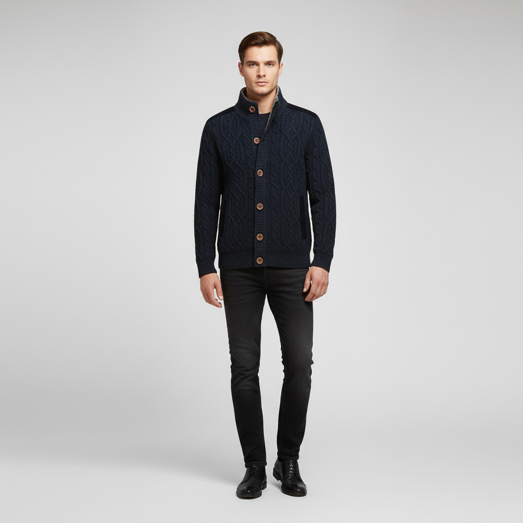 Men's Cable Knit Cardigan with Stand-Up Collar and Button Closure 1