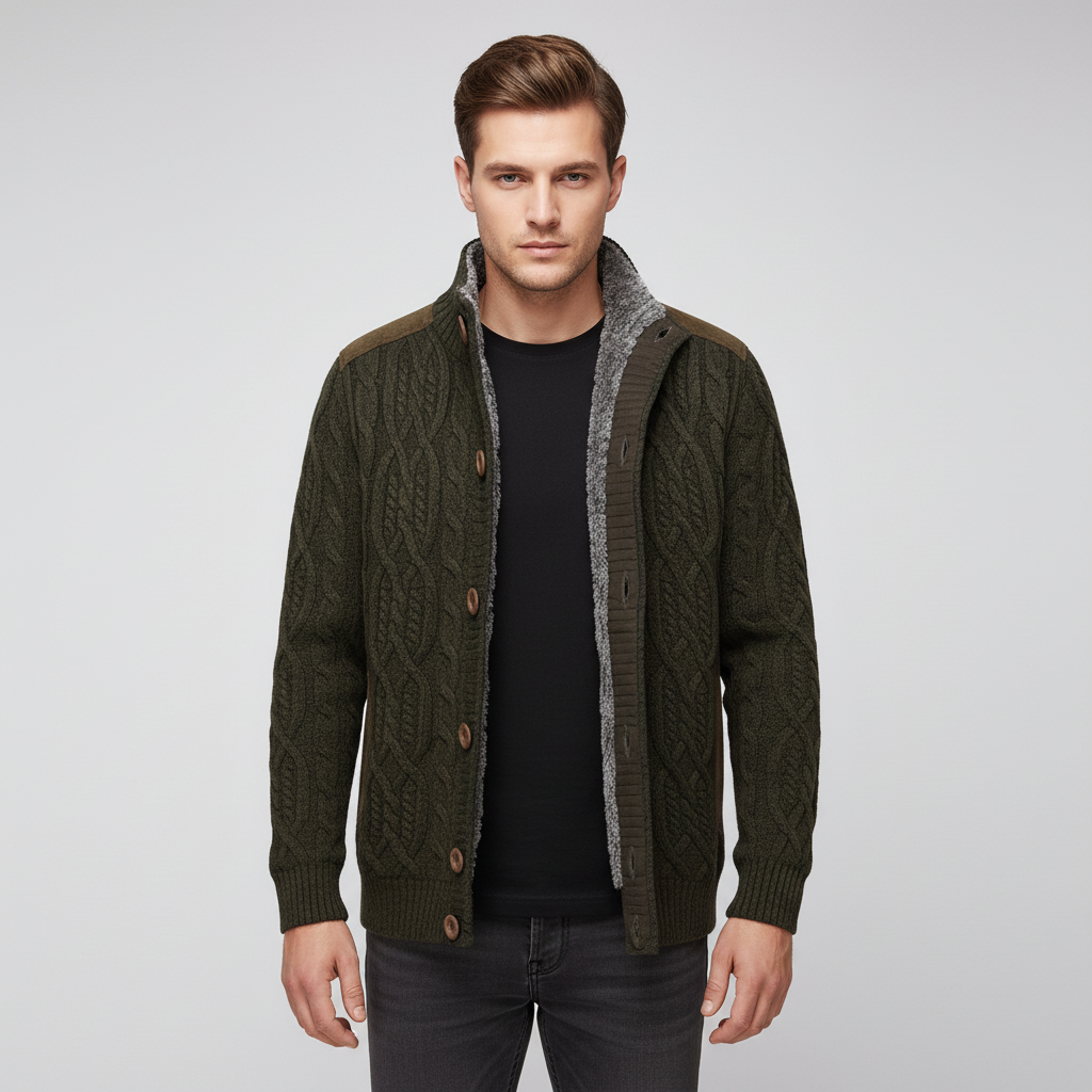 Men's Cable Knit Cardigan with Stand-Up Collar and Button Closure 2