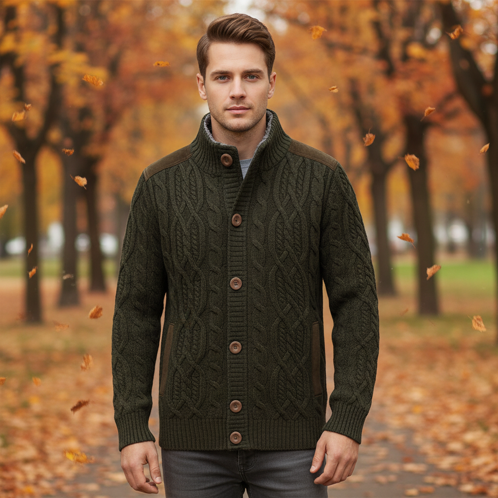 Men's Cable Knit Cardigan with Stand-Up Collar and Button Closure 3