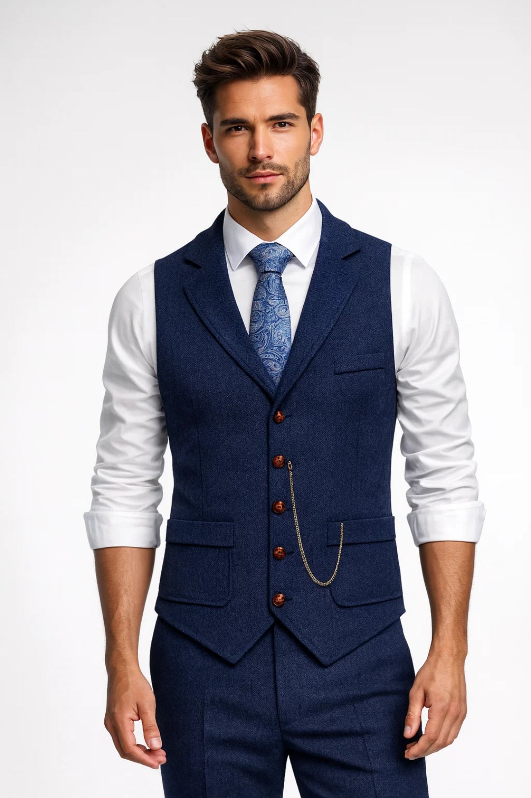 Men's Fitted Waistcoat with Lapel Collar and Chain Detail 1