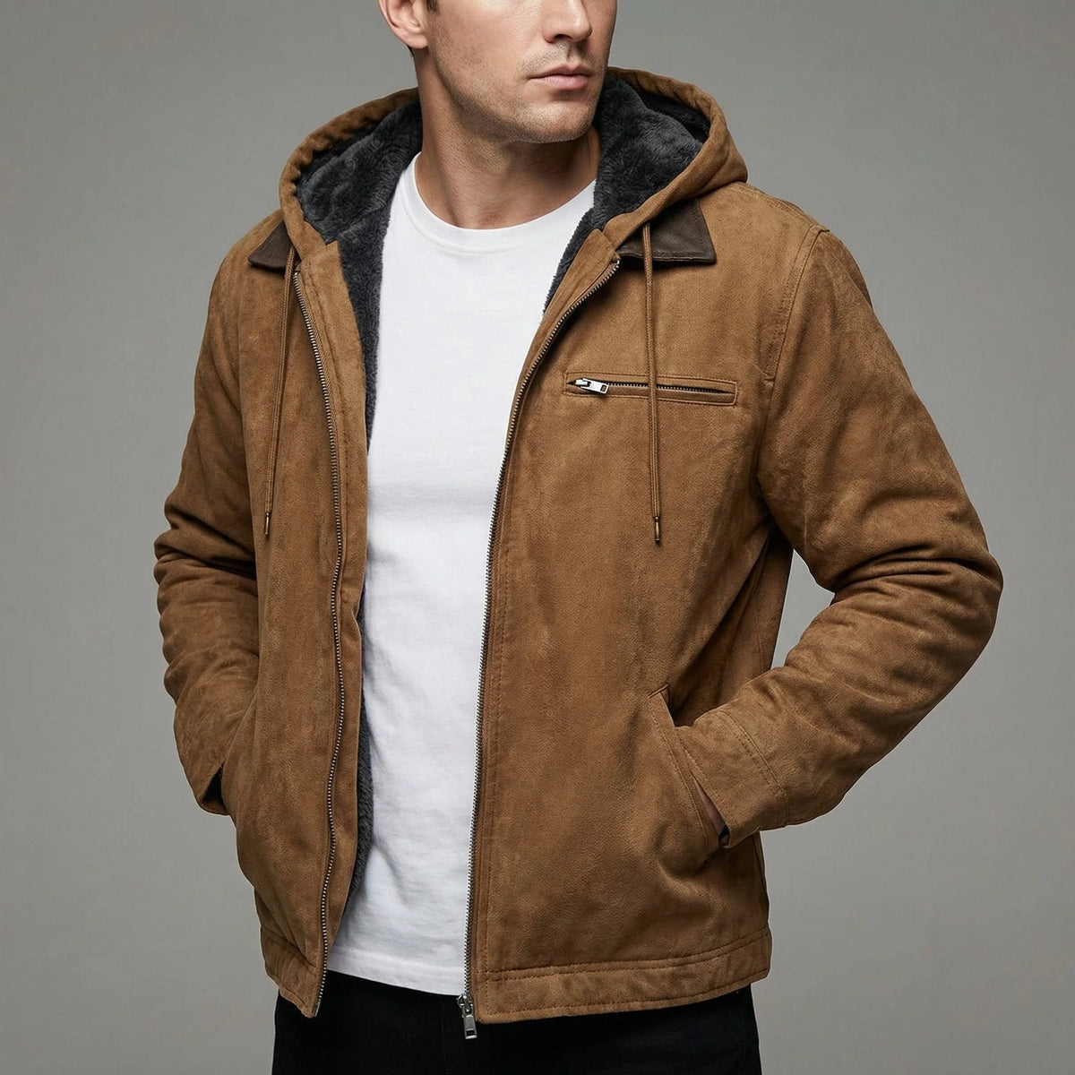 Men's Fleece-Lined Jacket | Hooded Zip-Up Suede-Effect Coat 0