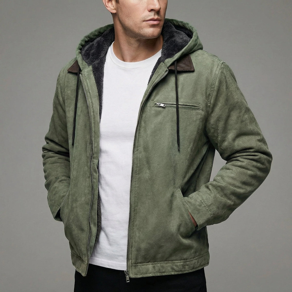 Men's Fleece-Lined Jacket | Hooded Zip-Up Suede-Effect Coat 4