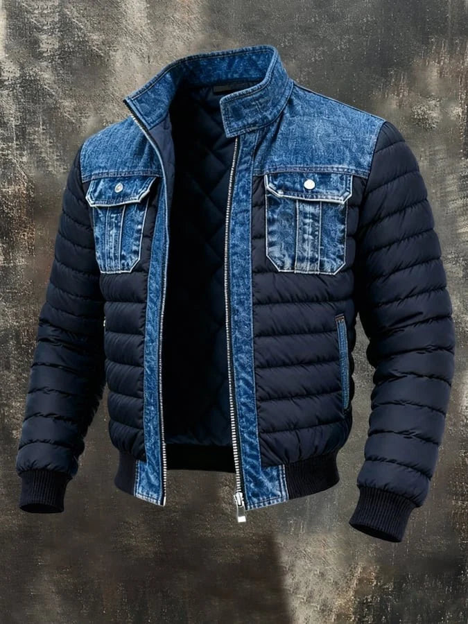 Men's Insulated Puffer Jacket with Denim Panels and Utility Pockets 0