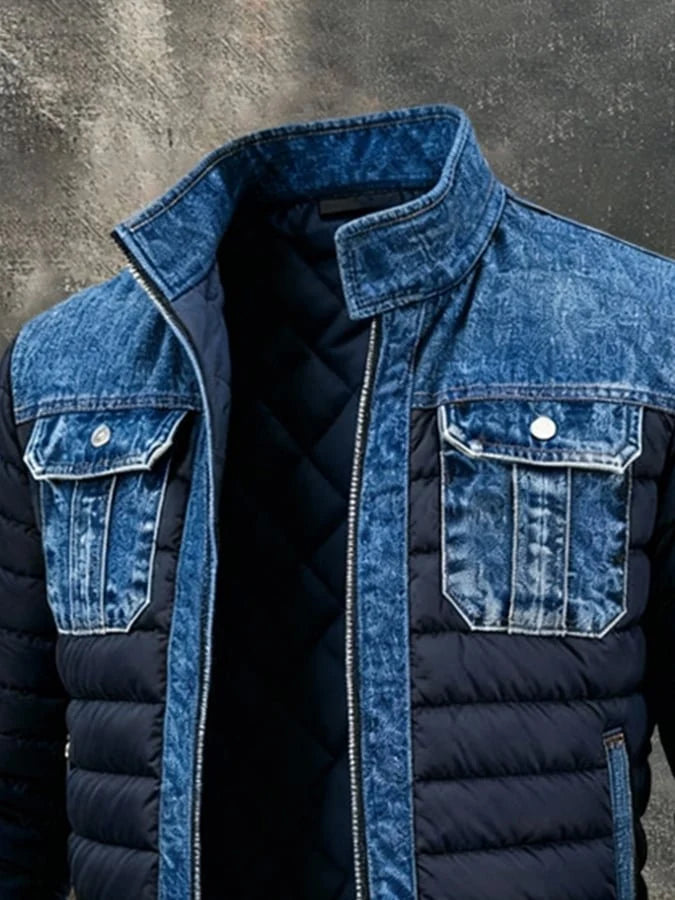 Men's Insulated Puffer Jacket with Denim Panels and Utility Pockets 1