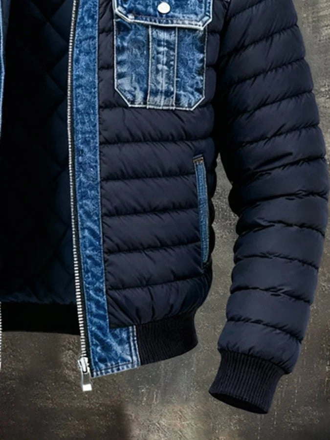 Men's Insulated Puffer Jacket with Denim Panels and Utility Pockets 2