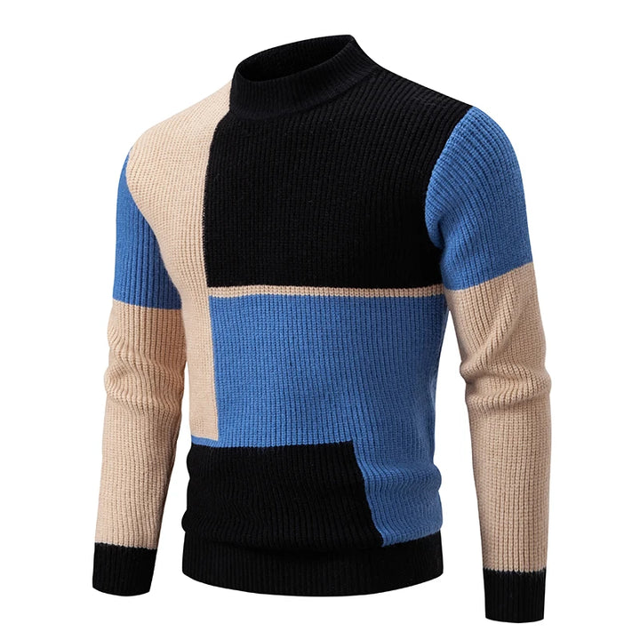 Men's Knitted Sweater with Geometric Color Block and High Neck 0