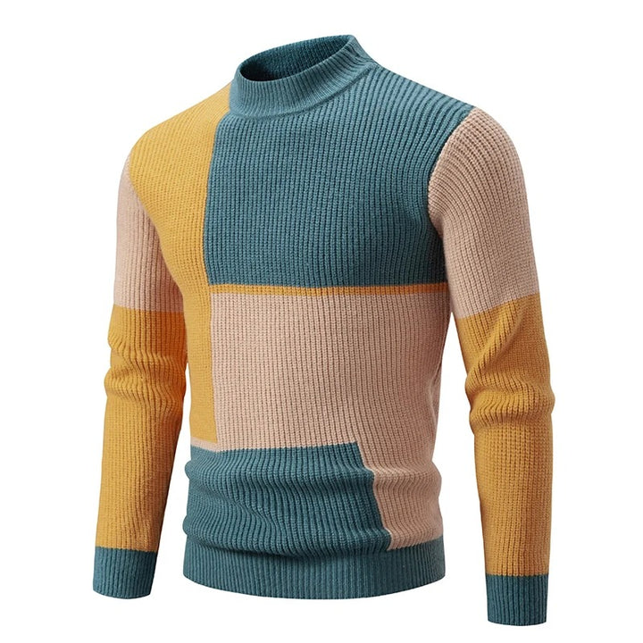 Men's Knitted Sweater with Geometric Color Block and High Neck 1