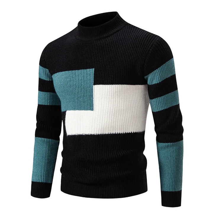 Men's Knitted Sweater with Geometric Color Block and High Neck 10