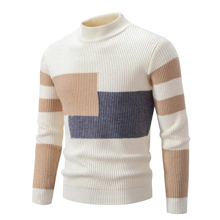 Men's Knitted Sweater with Geometric Color Block and High Neck 11