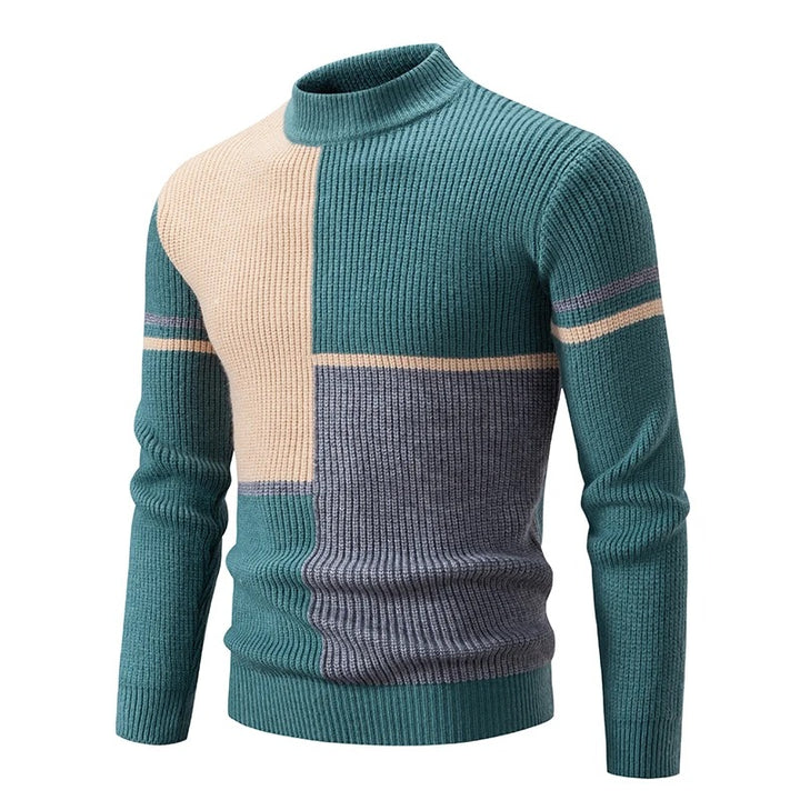 Men's Knitted Sweater with Geometric Color Block and High Neck 12