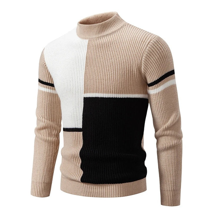 Men's Knitted Sweater with Geometric Color Block and High Neck 13