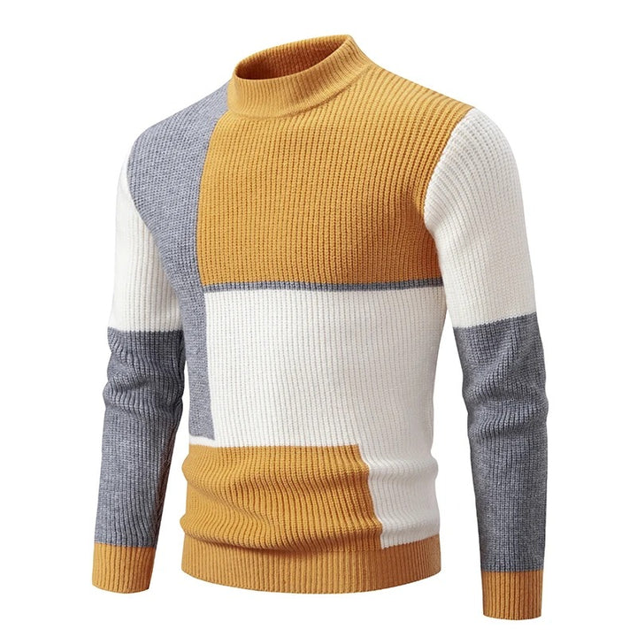 Men's Knitted Sweater with Geometric Color Block and High Neck 2