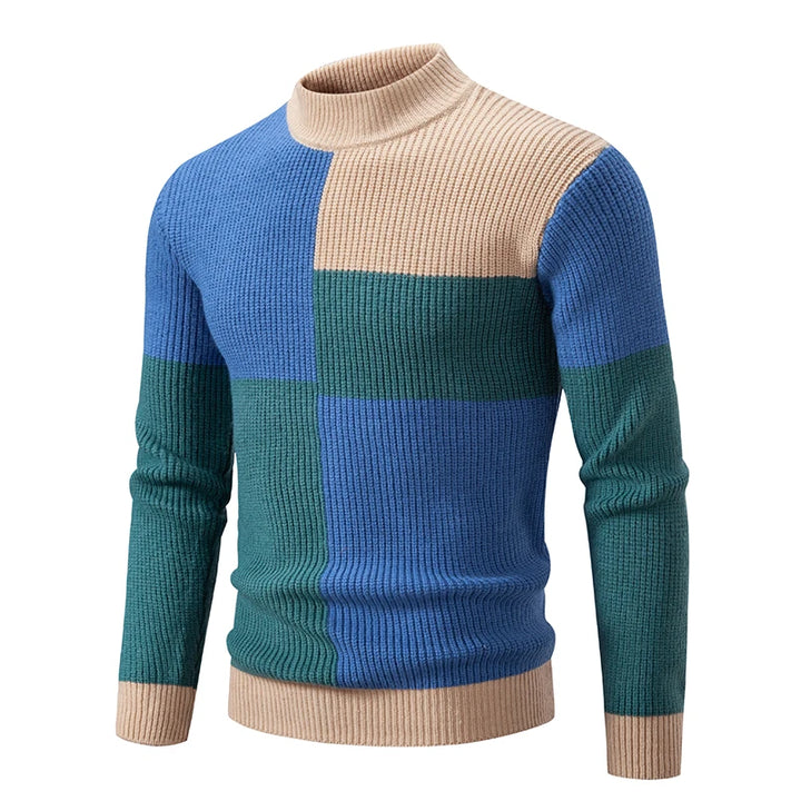 Men's Knitted Sweater with Geometric Color Block and High Neck 4