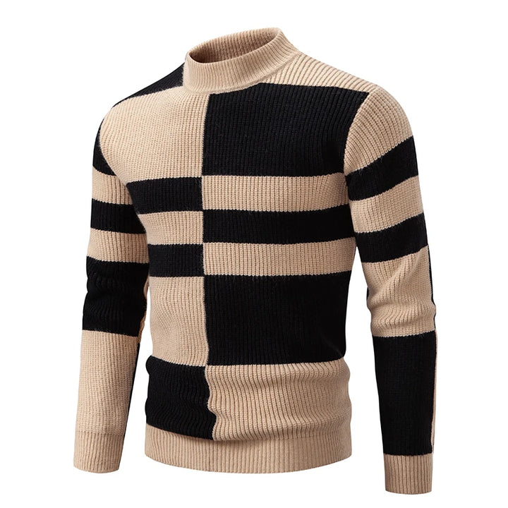 Men's Knitted Sweater with Geometric Color Block and High Neck 6