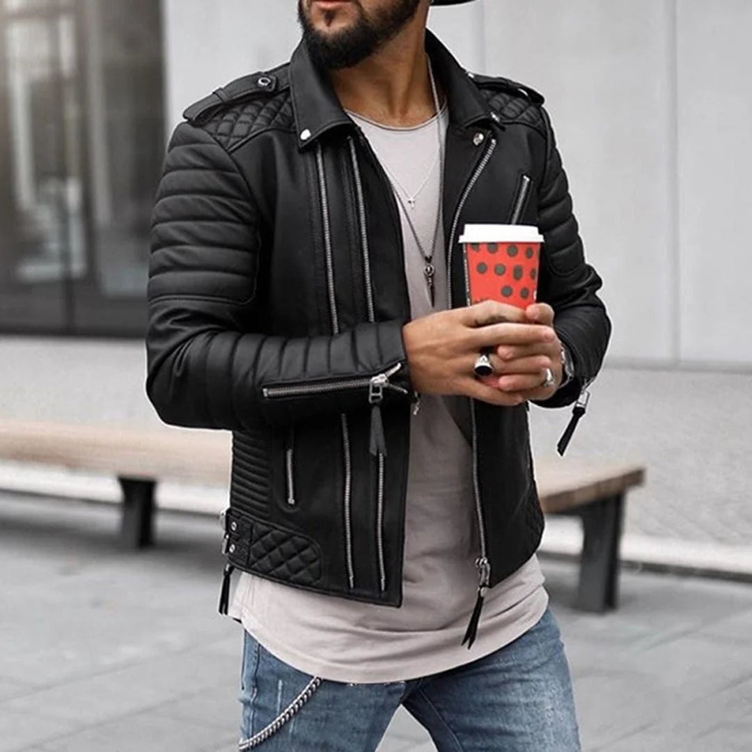 Men's Leather Biker Jacket | Quilted Moto Coat with Pockets 0