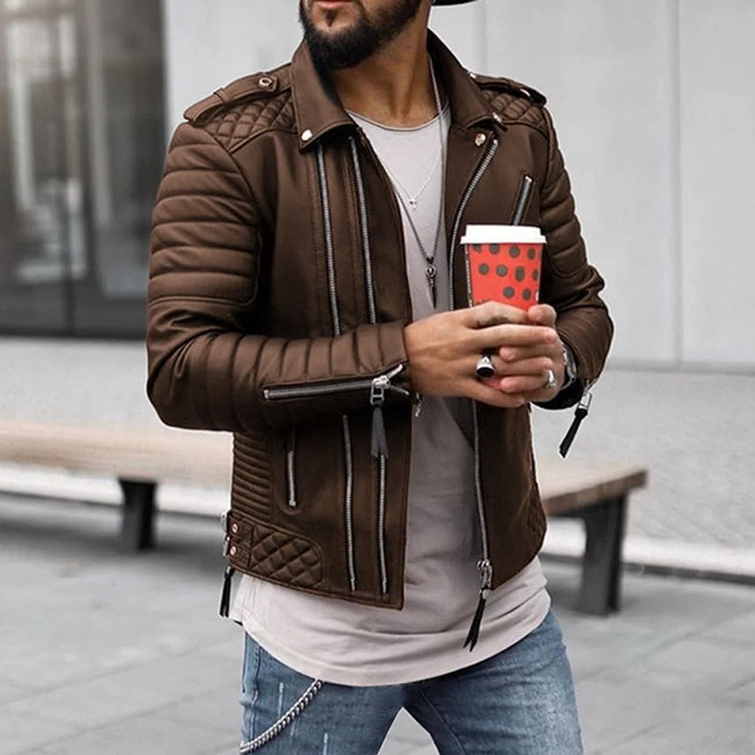 Men's Leather Biker Jacket | Quilted Moto Coat with Pockets 1