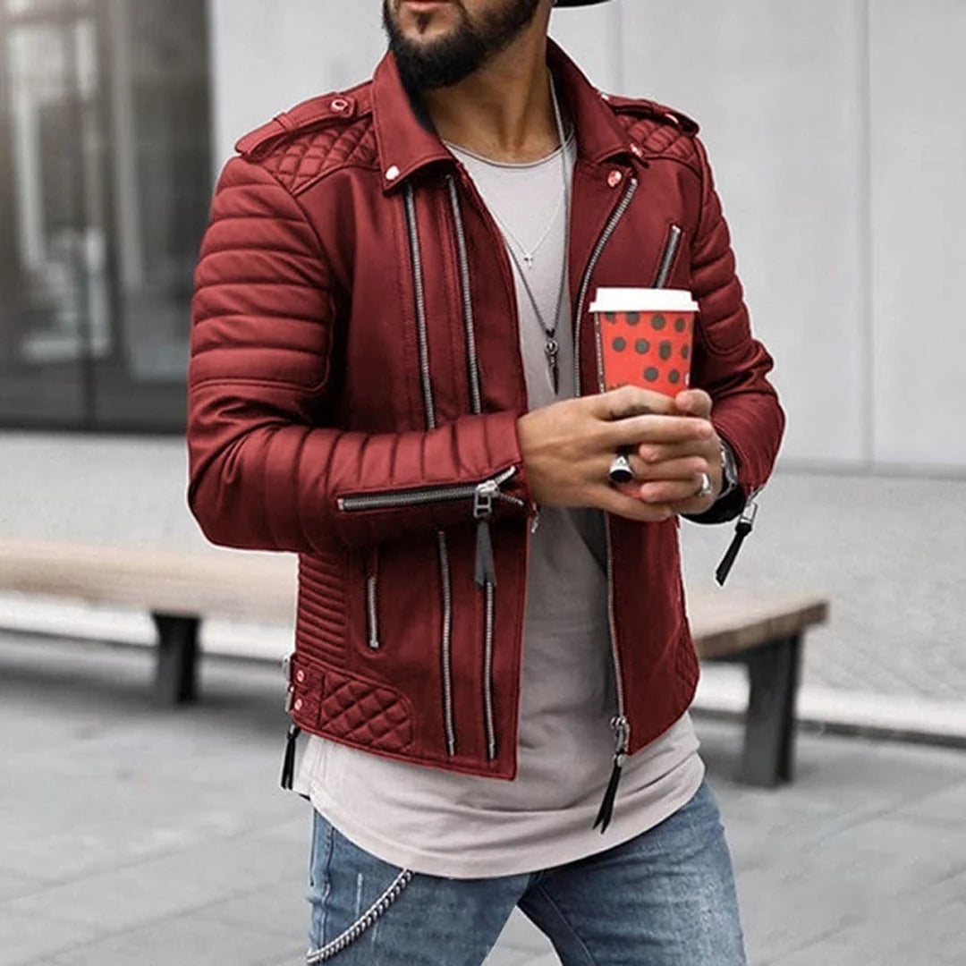 Men's Leather Biker Jacket | Quilted Moto Coat with Pockets 2
