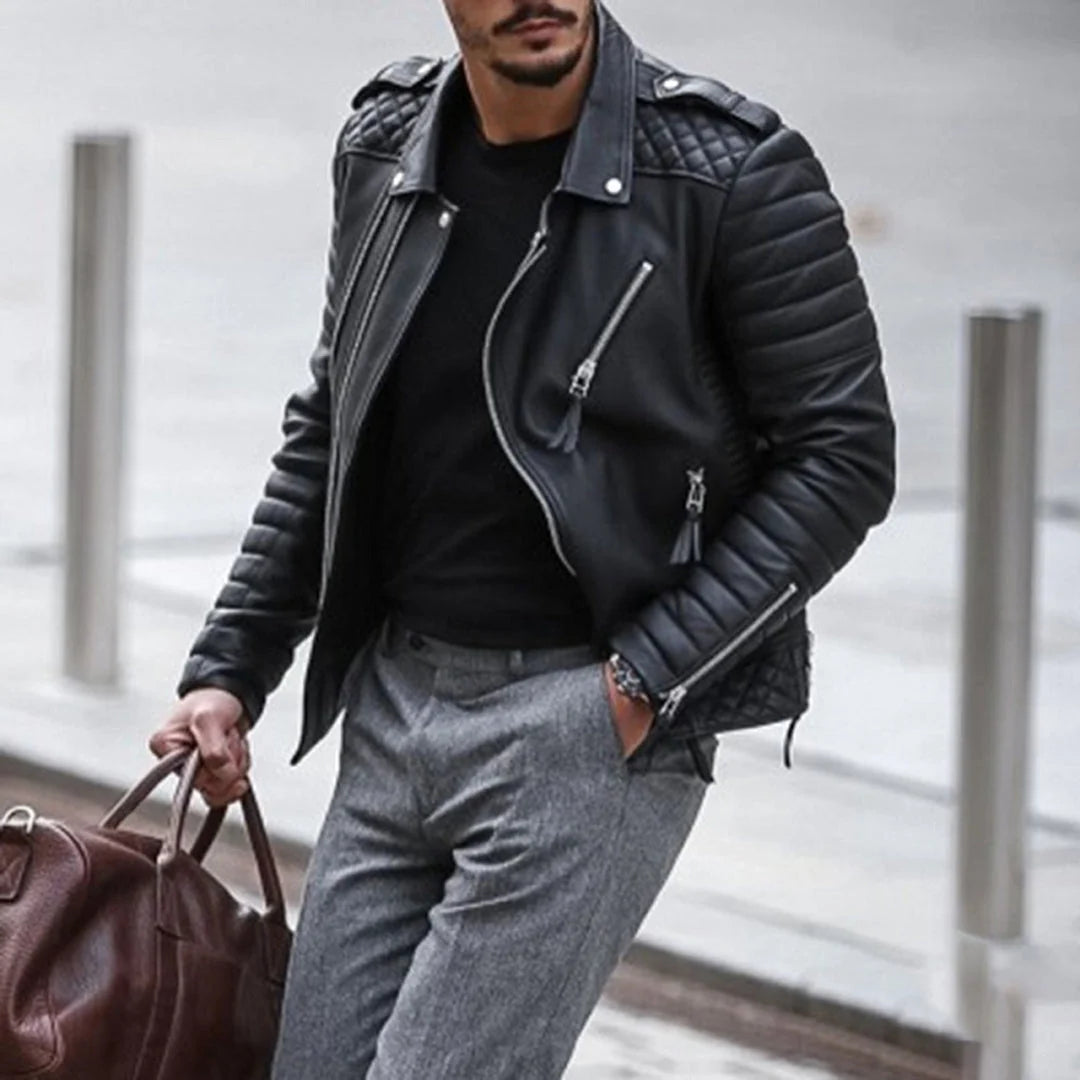 Men's Leather Biker Jacket | Quilted Moto Coat with Pockets 3